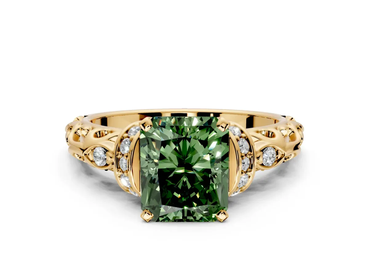 Solitaire Engagement Ring Setting for Fancy Green Radiant Cut Center with Filigree Band and Prong Head in Yellow Gold