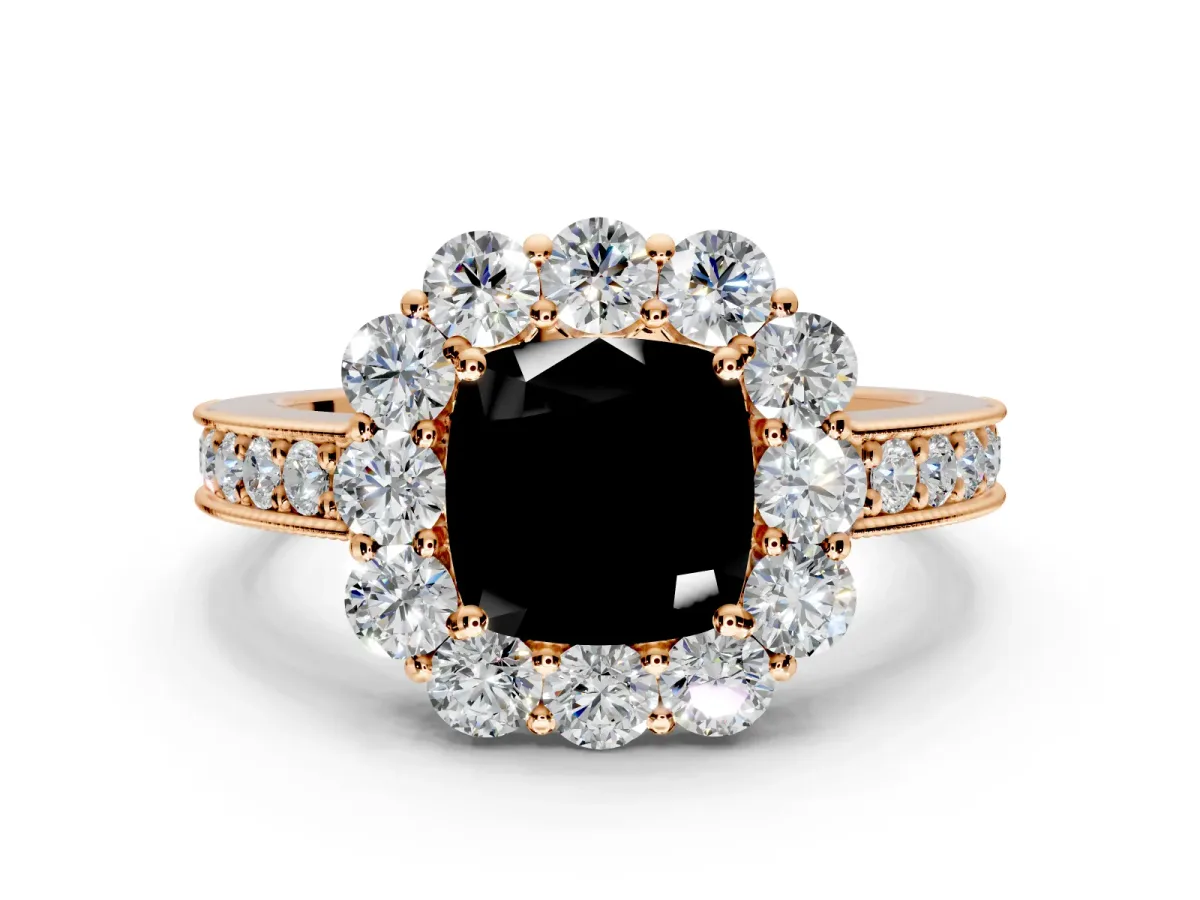 Halo Engagement Ring Setting for Fancy Black Cushion Cut Center with Milgrain Channel Band and Prong Head in Rose Gold