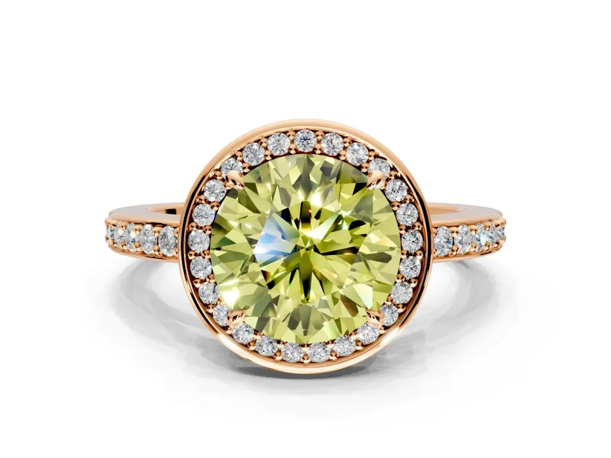 Halo Engagement Ring Setting for Fancy Yellow Round Cut Center with Metal-Rimmed Halo, Pave Band and Prong Head in Rose Gold