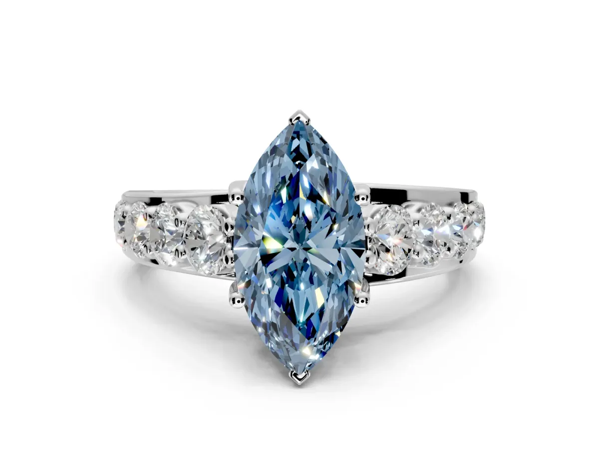 Solitaire Engagement Ring Setting for Fancy Blue Marquise Center with Graduated Shared Prongs and Prong Head in Platinum