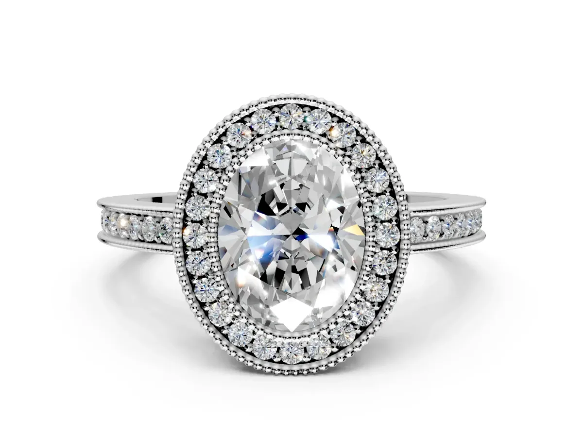 Halo Engagement Ring Setting for Oval Center with Milgrain Halo, Pave Band and Prong Head in Platinum
