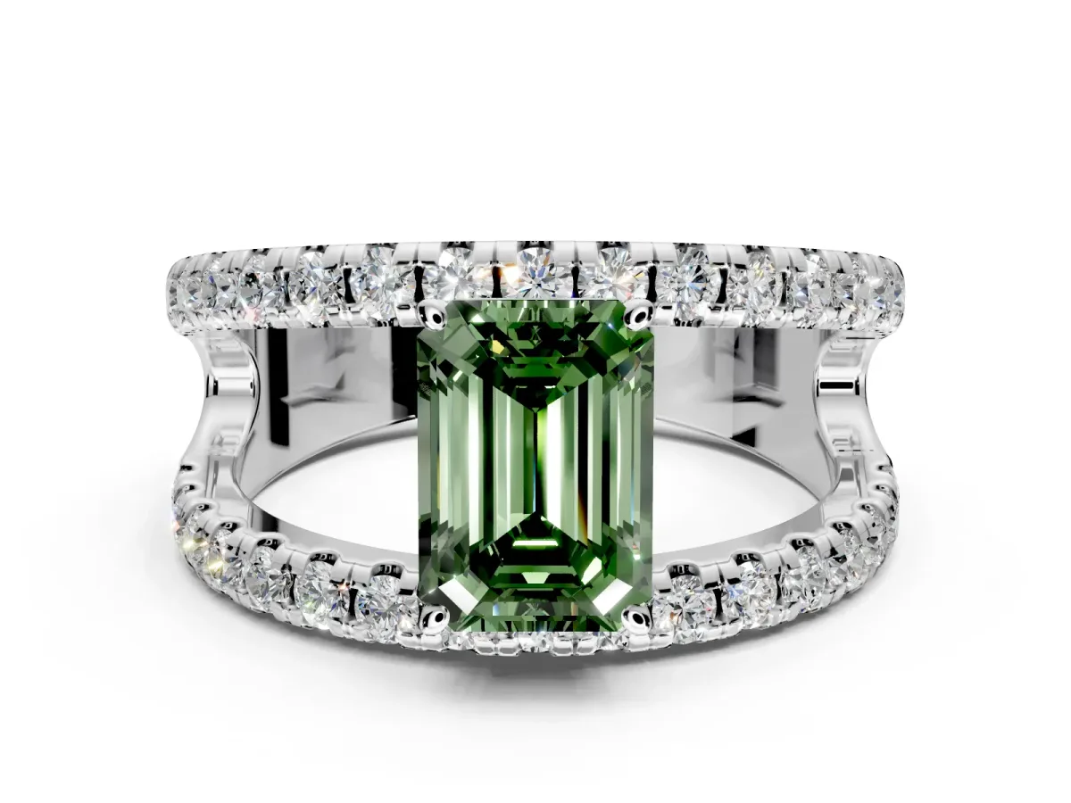 Solitaire Engagement Ring Setting for Fancy Green Emerald Cut Center with Wide-Open Split Shank and Prong Head in Platinum