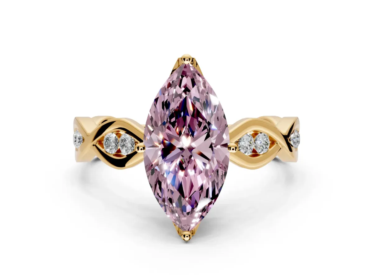 Solitaire Engagement Ring Setting for Fancy Pink Marquise Center with Accented Twist Band and Leaf Prong Head in Yellow Gold