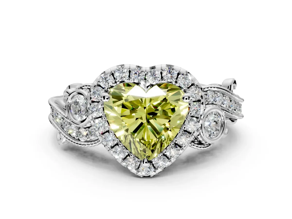 Milgrain Halo Engagement Ring Setting for Fancy Yellow Heart-Shaped Center with Shoulder Bezels and Prong Head in White Gold