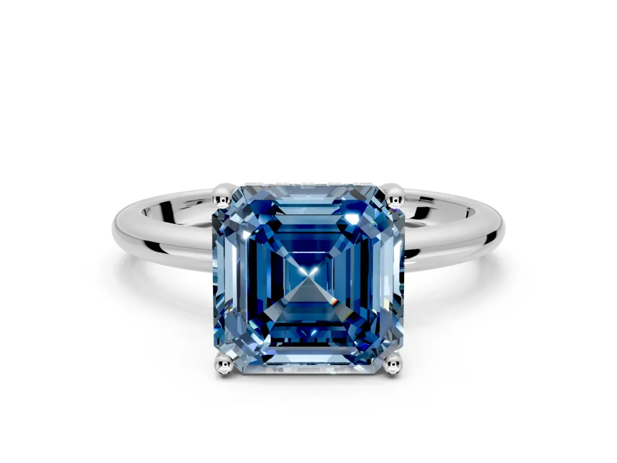 Hidden Halo Engagement Ring Setting for Fancy Blue Asscher Cut Center with Thin Round-Wire Band and Prong Head in White Gold