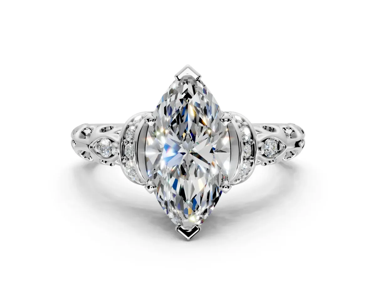 Solitaire Engagement Ring Setting for Marquise Center with Filigree Band and Prong Head in Platinum