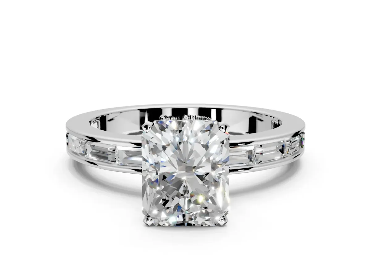 Solitaire Engagement Ring Setting for Radiant Cut Center with Channel Baguette Band and Prong Head in Sterling Silver
