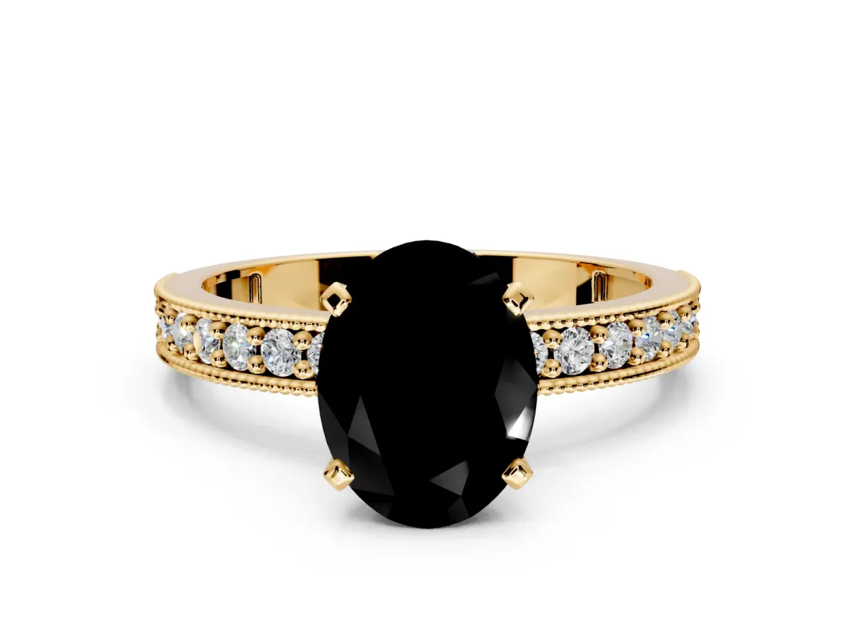 Milgrain Pave Engagement Ring Setting for Fancy Black Oval Center with Accent Band and Prong Head in Yellow Gold
