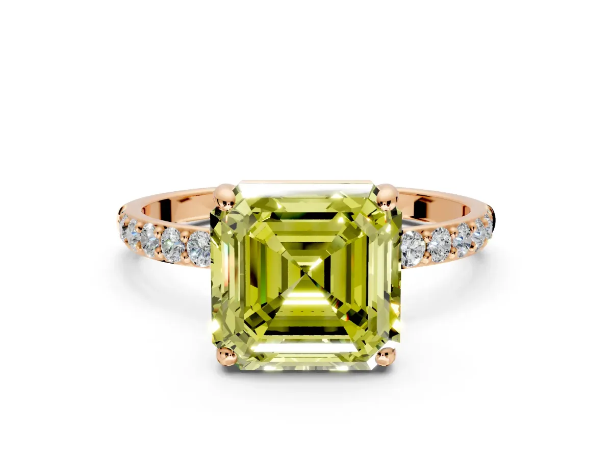 Solitaire Engagement Ring Setting for Fancy Yellow Asscher Cut Center with Pave Accents and Prong Head in Rose Gold