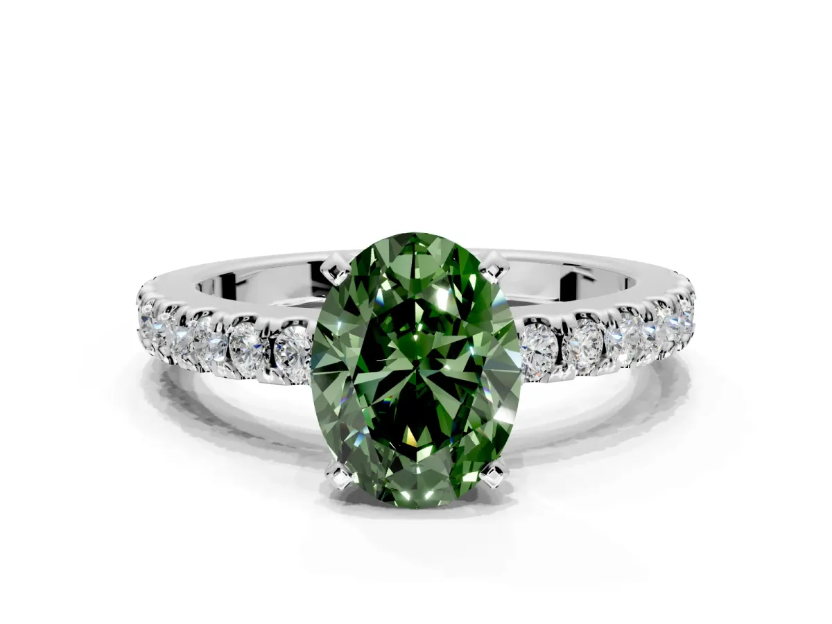 Solitaire Engagement Ring Setting for Fancy Green Oval Center with Single Row Accent Band and Prong Head in White Gold