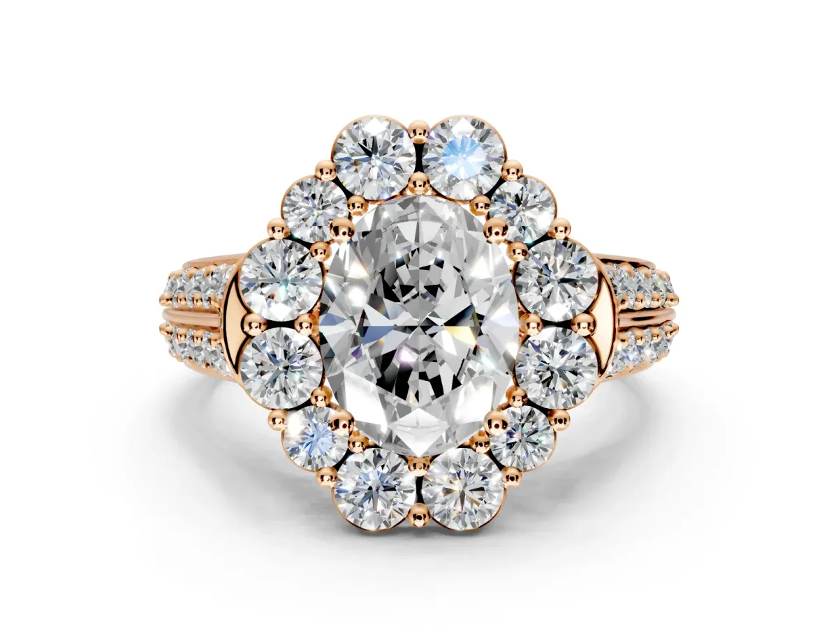 Large Accent Halo Engagement Ring Setting for Oval Center with Pave Split Shank and Prong Head in Rose Gold