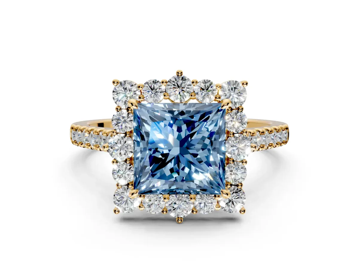 Halo Engagement Ring Setting for Fancy Blue Princess Cut Center with Single-Row Pave, Open Basket and Prong Head in Yellow Gold