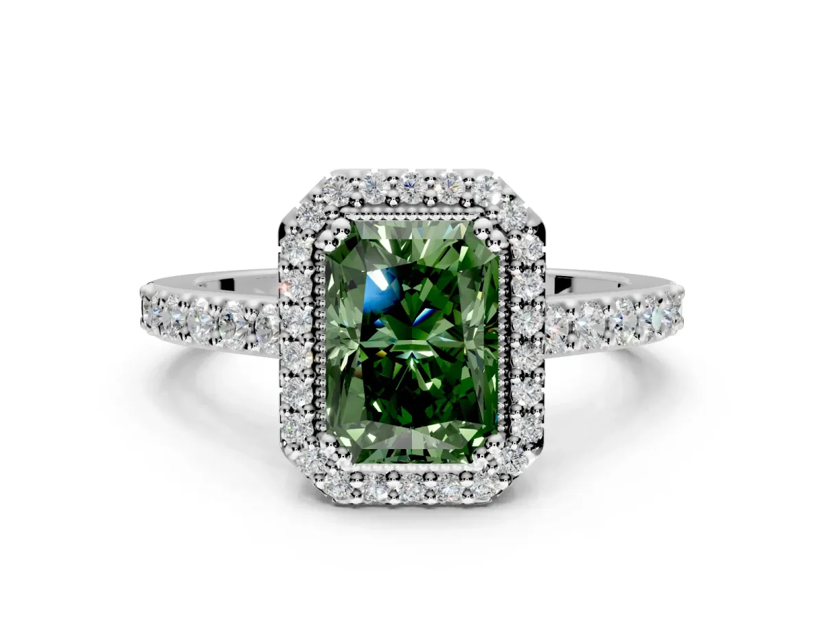 Halo Engagement Ring Setting for Fancy Green Radiant Cut Center with Inner Milgrain Border and Prong Head in Platinum