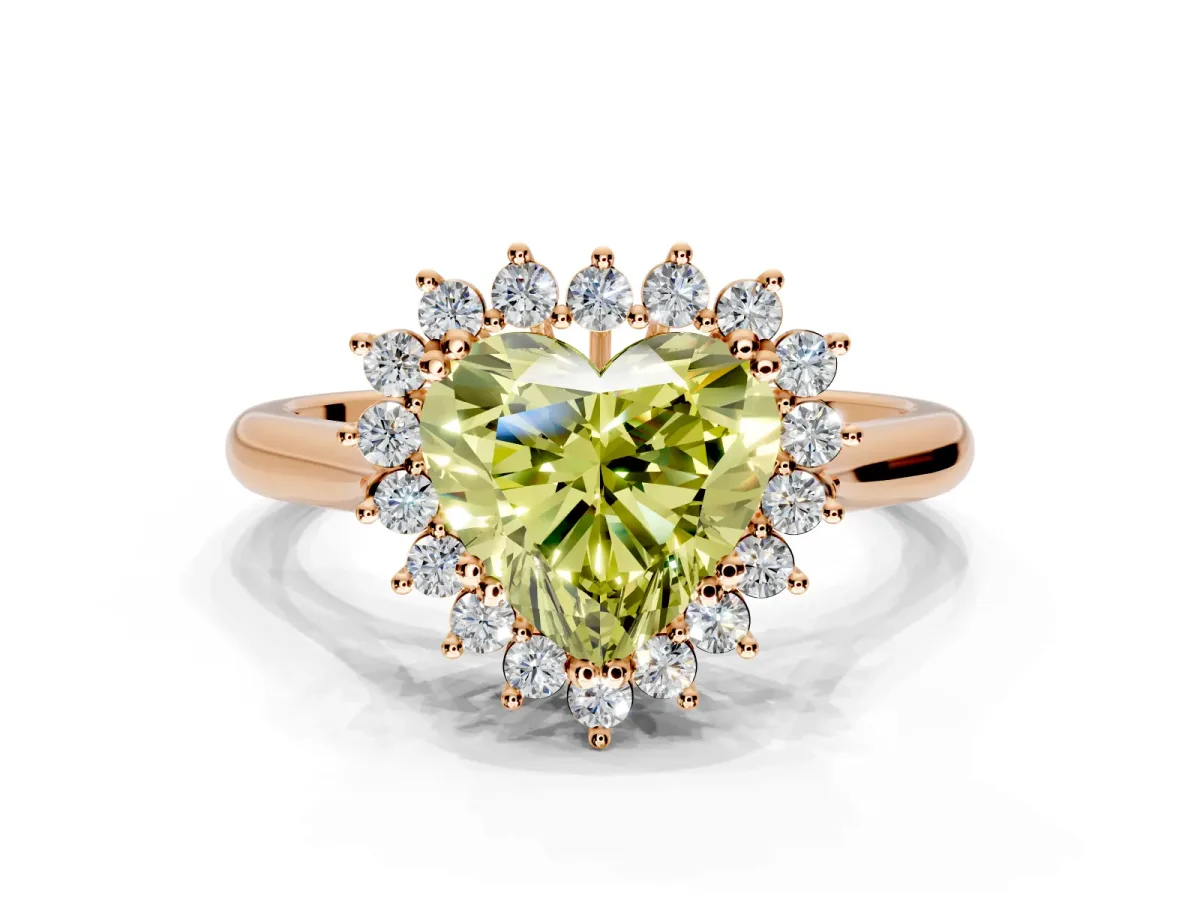 Starburst Halo Engagement Ring Setting for Fancy Yellow Heart-Shaped Center with Thin Round-Wire Band and Prong Head in Rose Gold