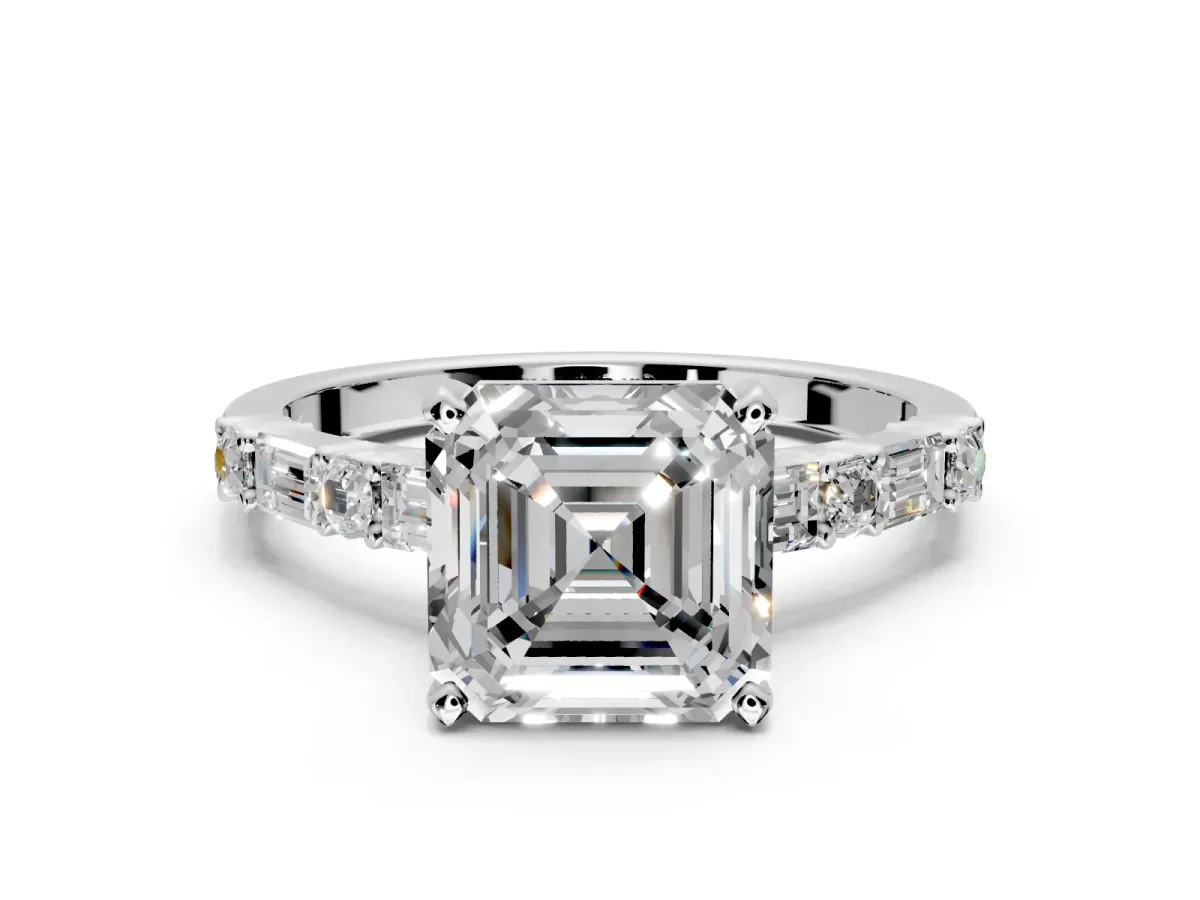Baguette Engagement Ring Setting for Asscher Cut Center with Alternating Bar-Set Band and Prong Head in Platinum