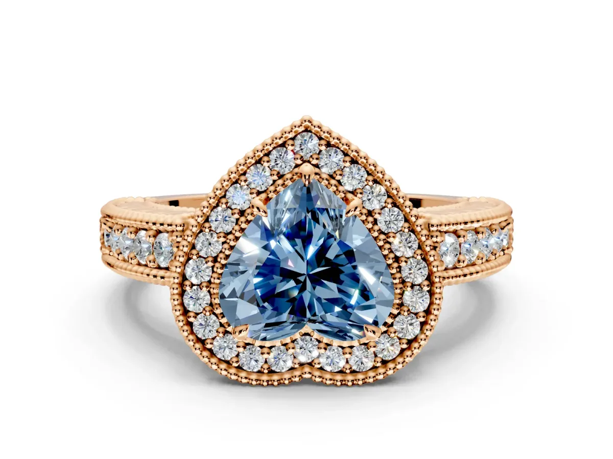 Milgrain Halo Engagement Ring Setting for Fancy Blue Heart-Shaped Center with Pave Band and Prong Head in Rose Gold