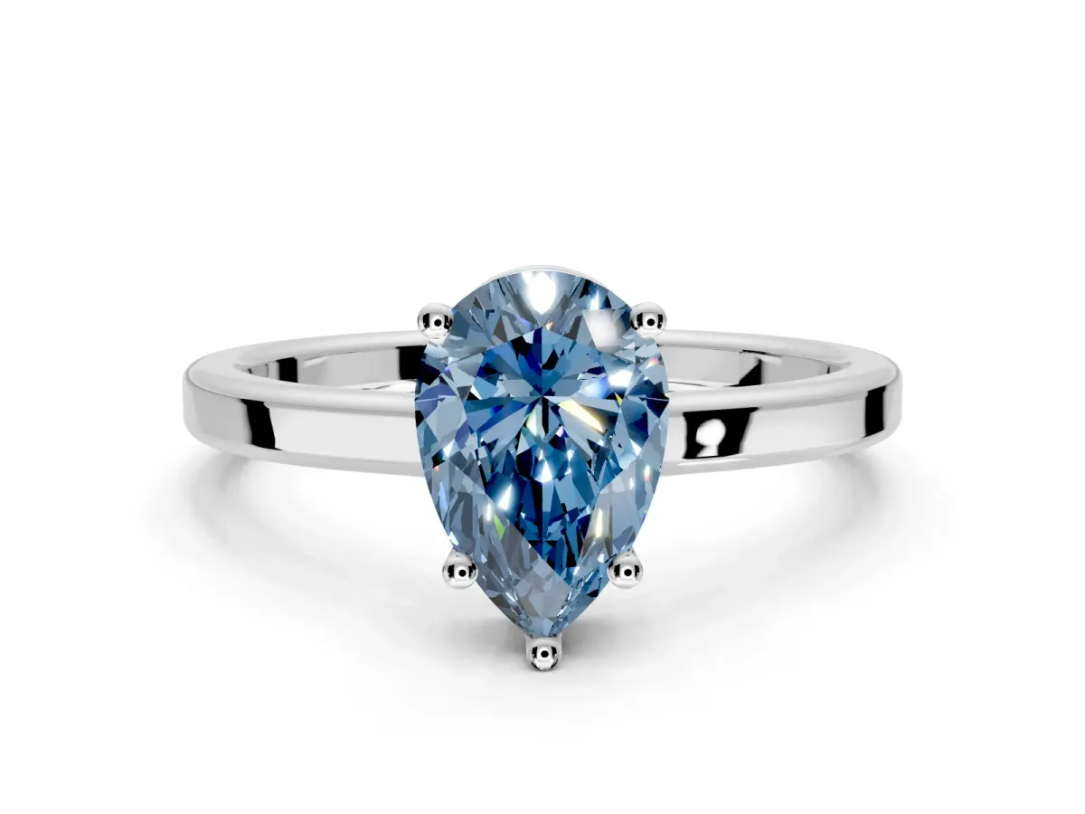 Hidden Halo Engagement Ring Setting for Fancy Blue Pear-Shaped Center with Wide Flat Plain Band and Prong Head in White Gold