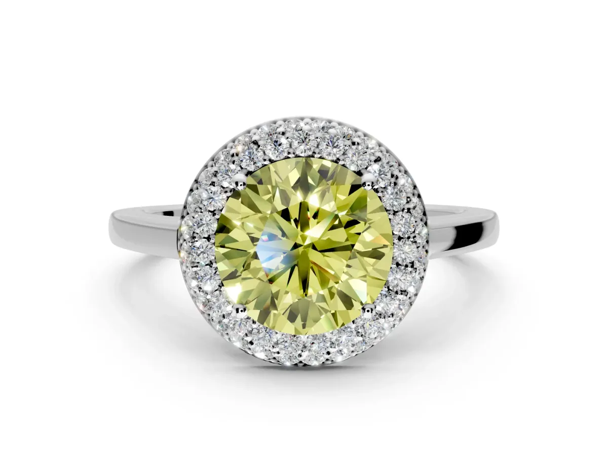 Halo Engagement Ring Setting for Fancy Yellow Round Cut Center with Plain Tapered Band and Prong Head in Platinum