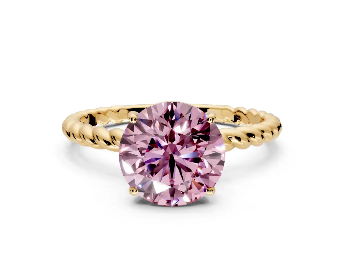 Solitaire Engagement Ring Setting for Fancy Pink Round Cut Center with Plain Twisted Rope Band and Prong Head in Yellow Gold