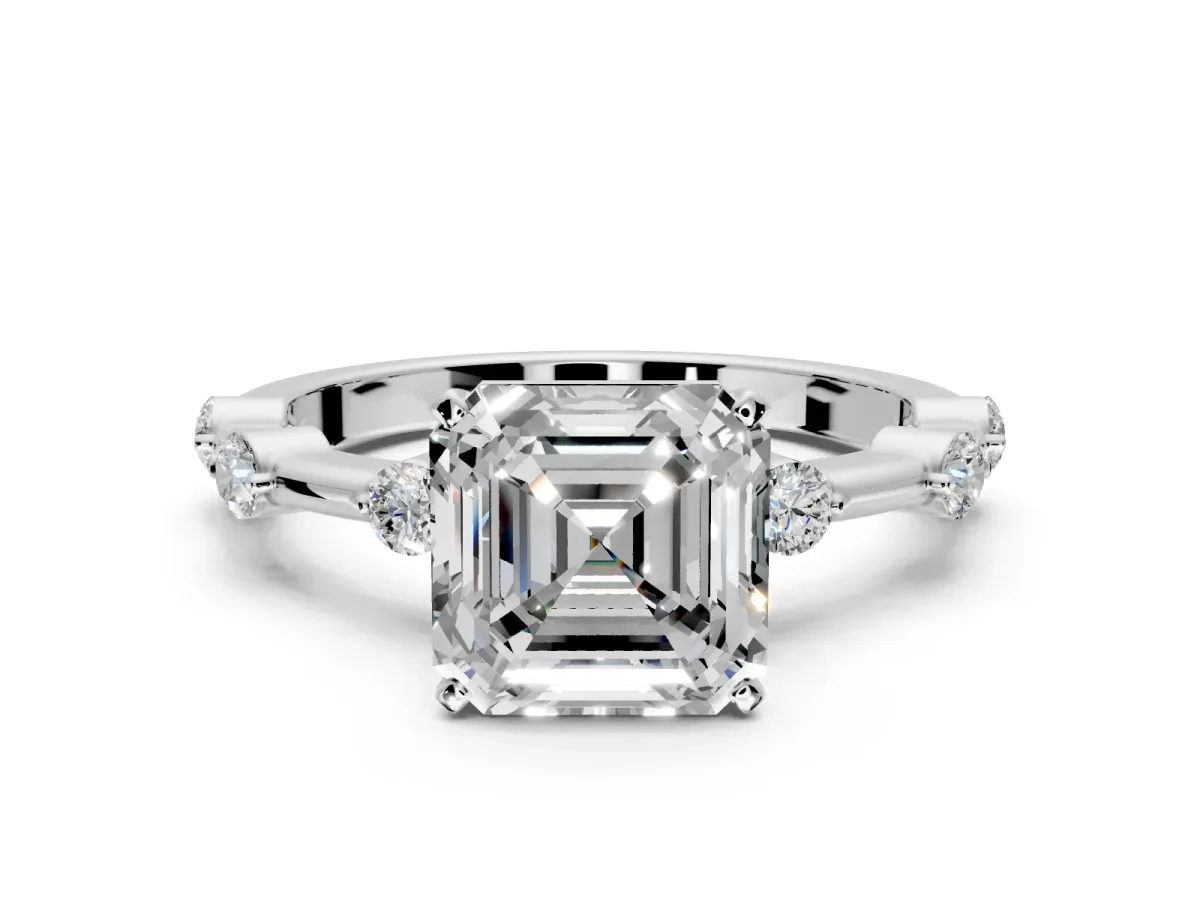 Solitaire Engagement Ring Setting for Asscher Cut Center with Bezel Station Band and Prong Head in Sterling Silver