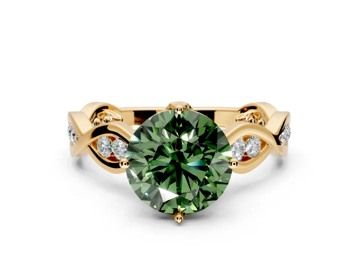 Solitaire Engagement Ring Setting for Fancy Green Round Cut Center with Accented Twist Band and Leaf Prong Head in Yellow Gold