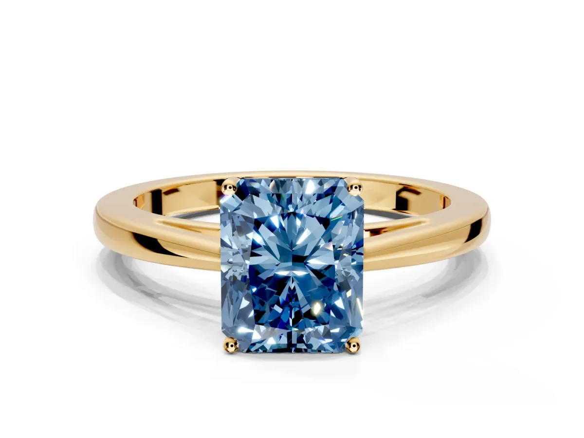 Solitaire Engagement Ring Setting for Fancy Blue Radiant Cut Center with Open Cathedral Shoulders and Prong Head in Yellow Gold