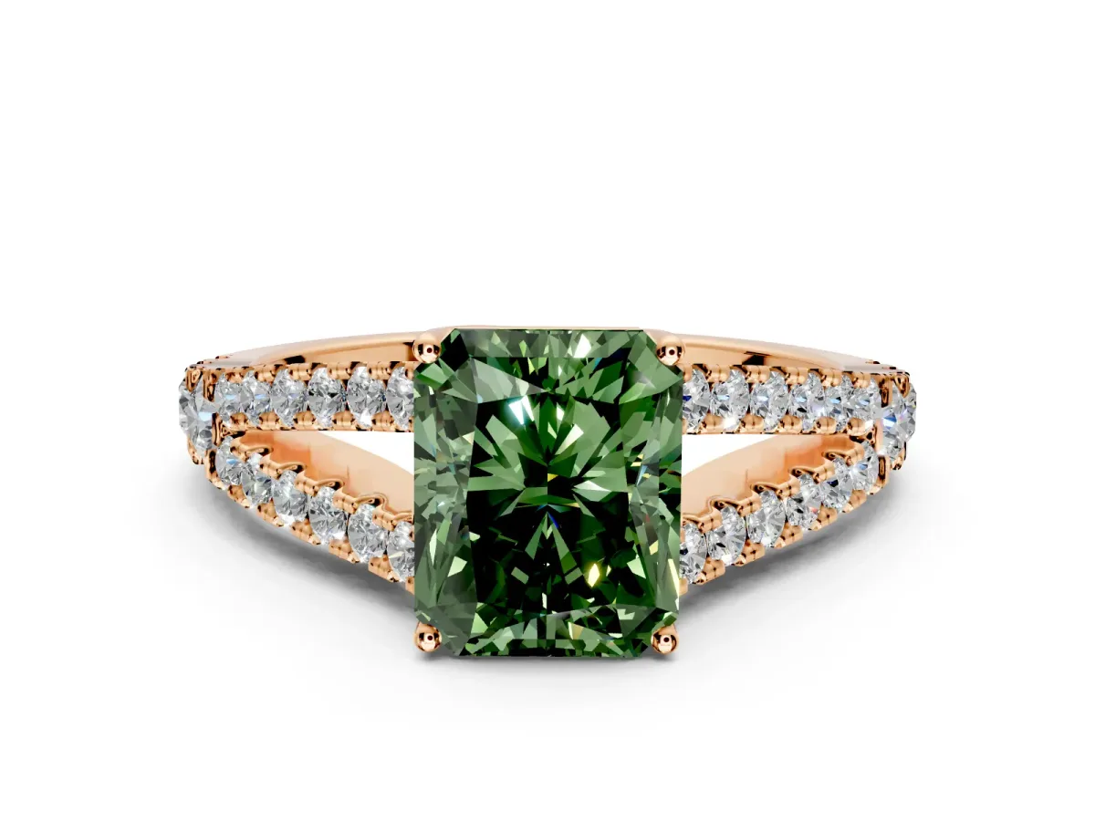 Solitaire Engagement Ring Setting for Fancy Green Radiant Cut Center with Pave Split Shank and Prong Head in Rose Gold