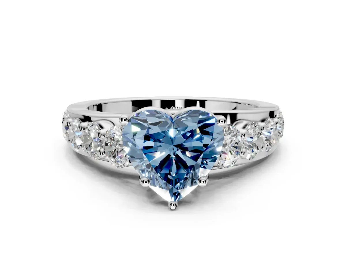 Solitaire Engagement Ring Setting for Fancy Blue Heart-Shaped Center with Graduated Shared Prongs and Prong Head in Platinum