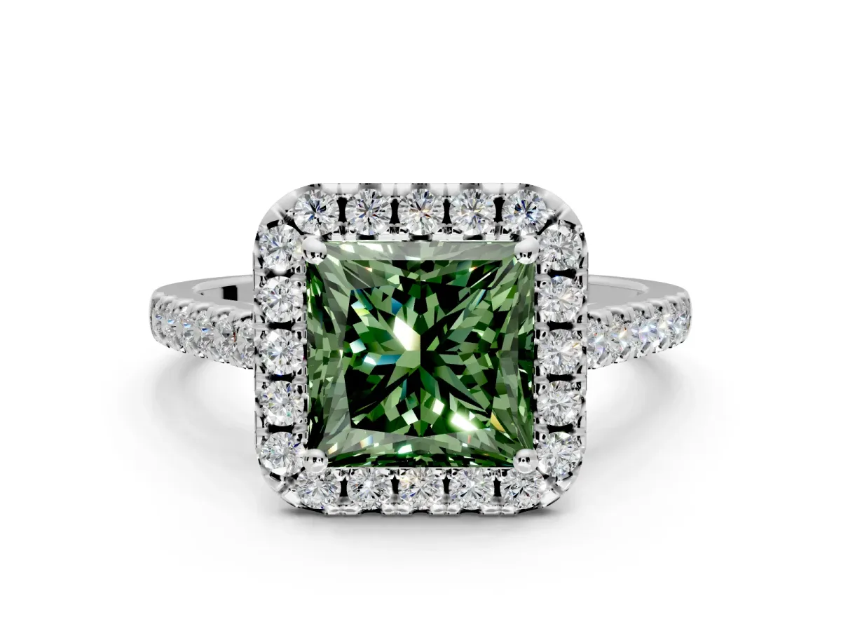 Halo Engagement Ring Setting for Fancy Green Princess Cut Center with Raised Halo, Pave Band and Prong Head in White Gold