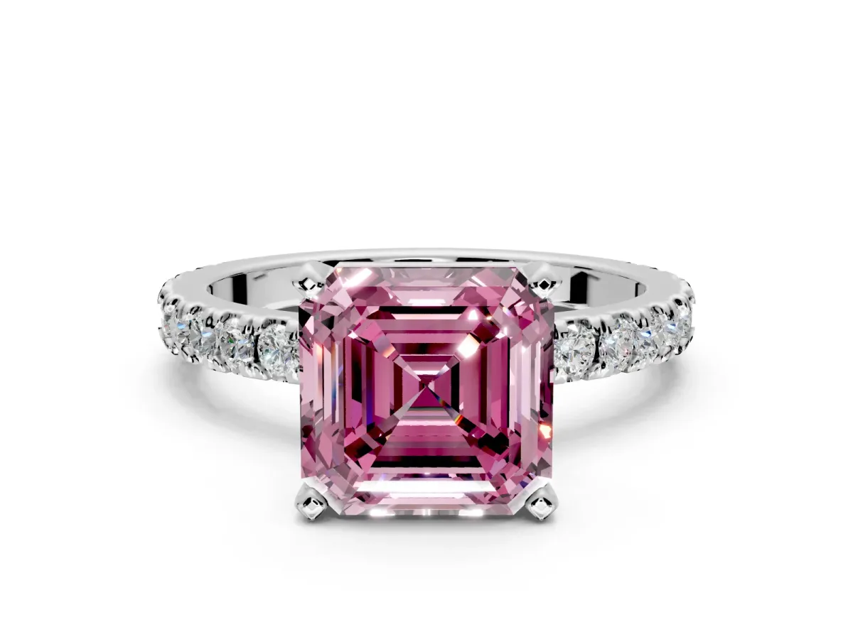 Solitaire Engagement Ring Setting for Fancy Pink Asscher Cut Center with Fine Pave Band and Claw Prong Head in Platinum