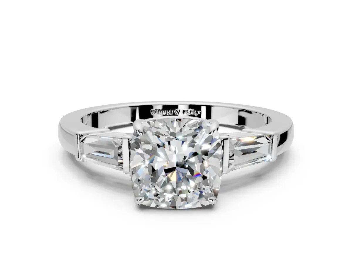 3 Stone Engagement Ring Setting for Cushion Cut Center with Baguette Accents and Prong Head in White Gold