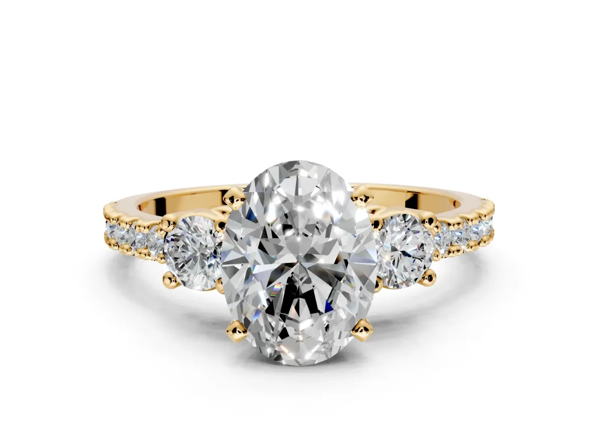 3 Stone Engagement Ring Setting for Oval Center with Round Cut Side Accents and Prong Head in Yellow Gold