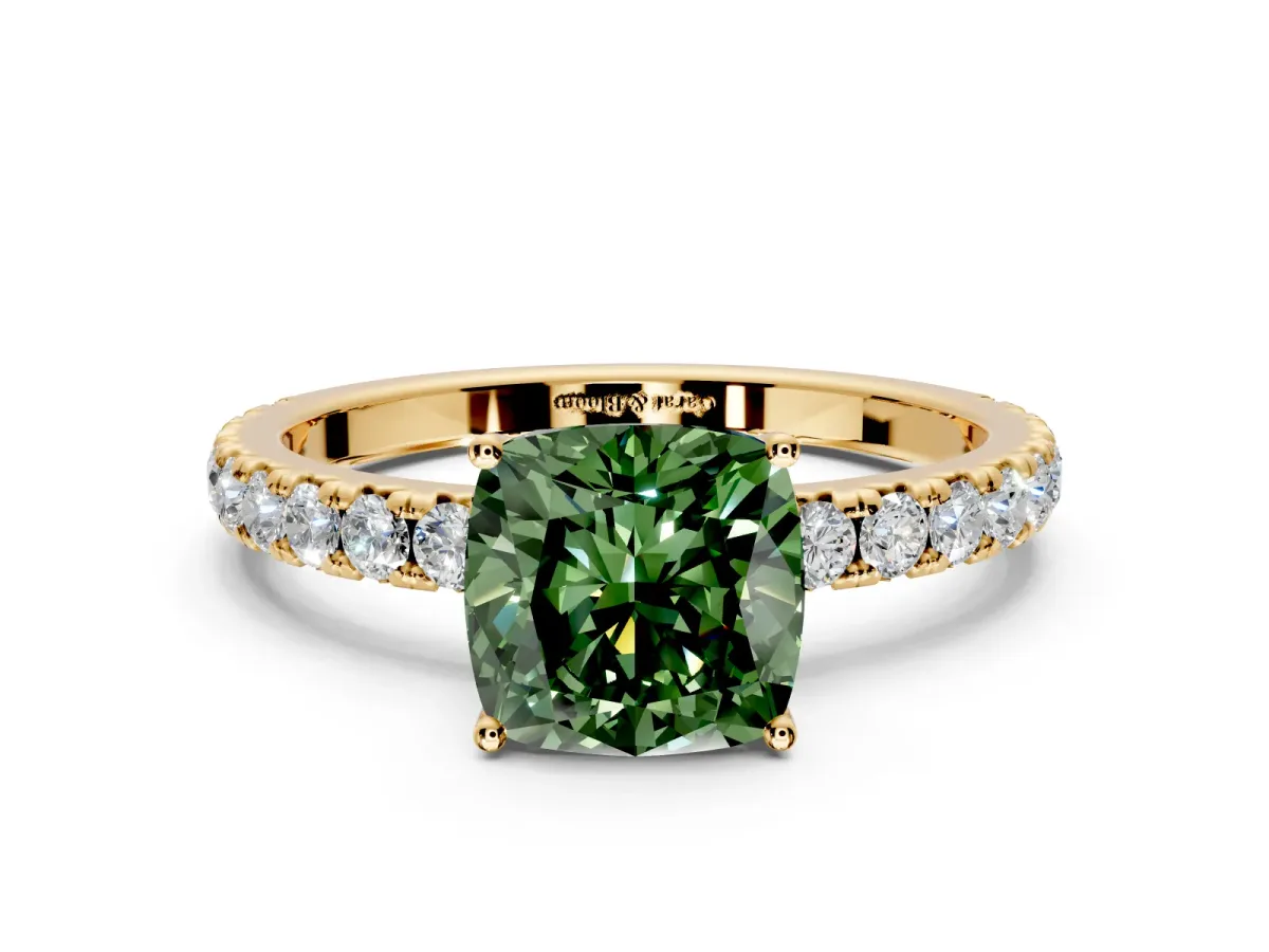 Solitaire Engagement Ring Setting for Fancy Green Cushion Cut Center with Large Accent Band and Prong Head in Yellow Gold