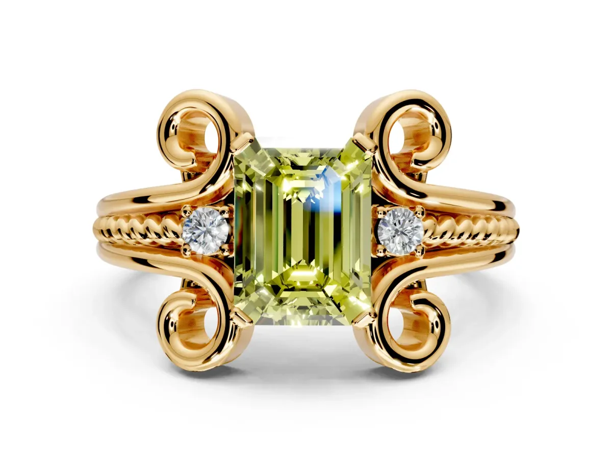 Solitaire Engagement Ring Setting for Fancy Yellow Emerald Cut Center with Twisted Band and Scroll Prong Head in Yellow Gold