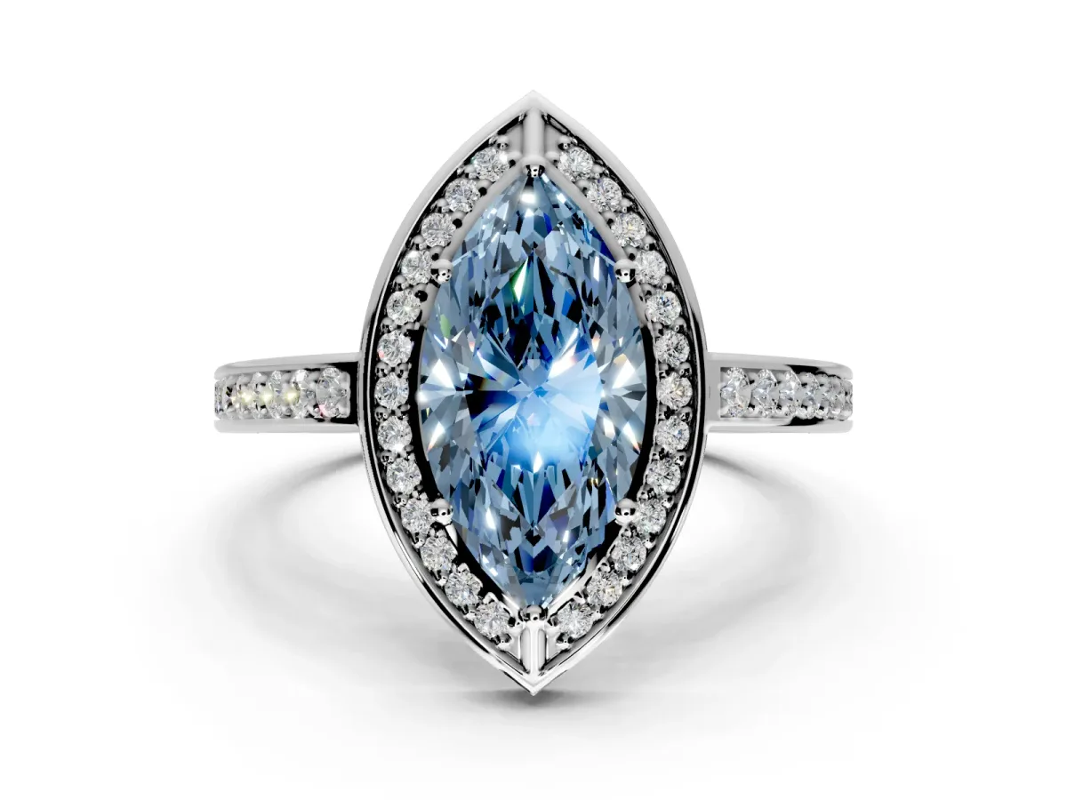 Halo Engagement Ring Setting for Fancy Blue Marquise Center with Framed Halo, Pave Band and Prong Head in Sterling Silver