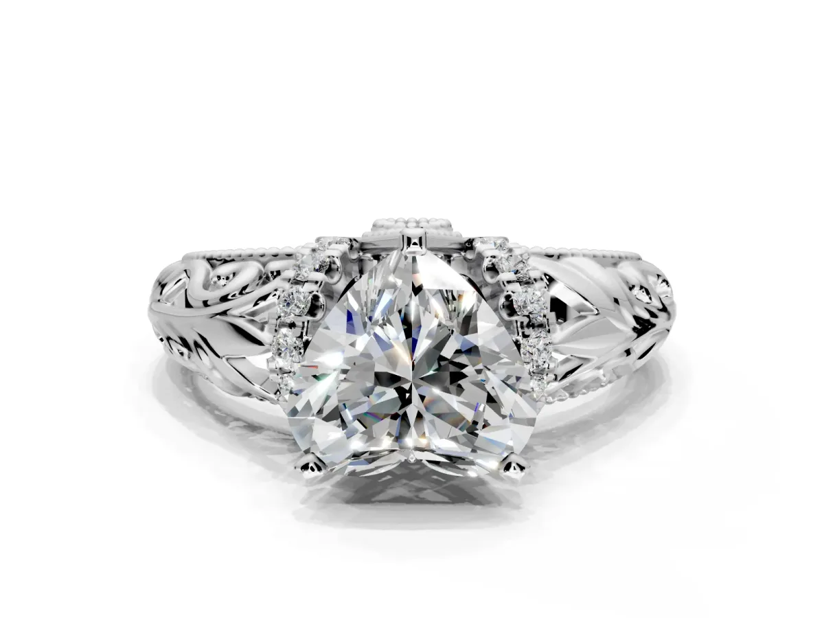 Solitaire Engagement Ring Setting for Heart-Shaped Center with Filigree Accent Basket and Prong Head in White Gold