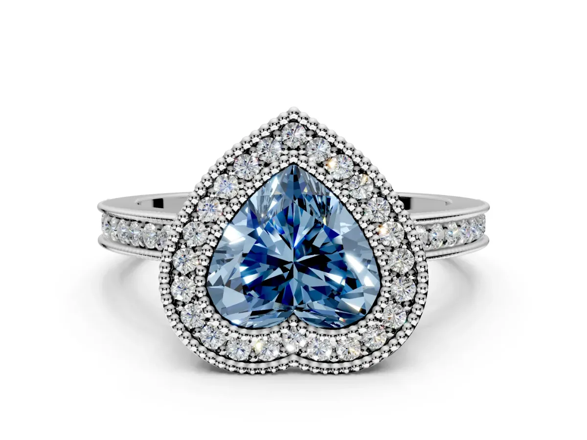 Halo Engagement Ring Setting for Fancy Blue Heart-Shaped Center with Milgrain Halo, Pave Band and Prong Head in Platinum