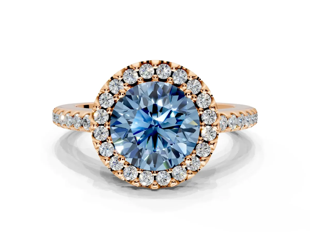 Pave Halo Engagement Ring Setting for Fancy Blue Round Cut Center with Single Row Pave Band and Prong Head in Rose Gold