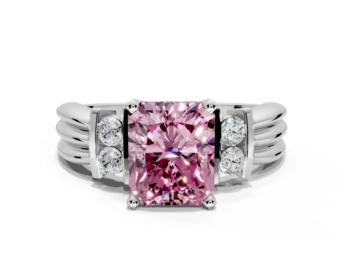Solitaire Engagement Ring Setting for Fancy Pink Radiant Cut Center with Grooved Bar Accent Band and Prong Head in Sterling Silver