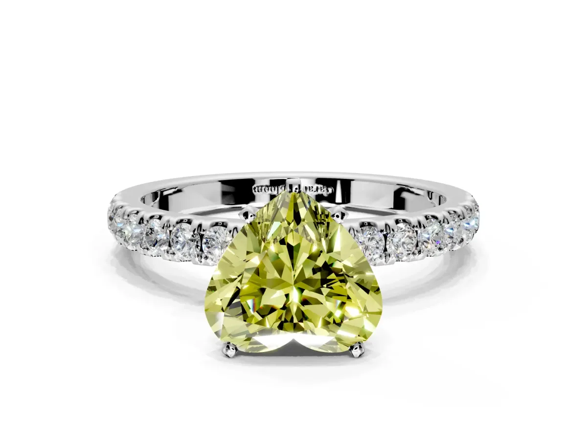 Open Basket Engagement Ring Setting for Fancy Yellow Heart-Shaped Center with Pave Band and Prong Head in Platinum