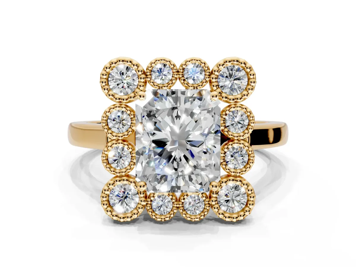 Cluster Halo Engagement Ring Setting for Radiant Cut Center with Milgrain Bezel Accents and Prong Head in Yellow Gold
