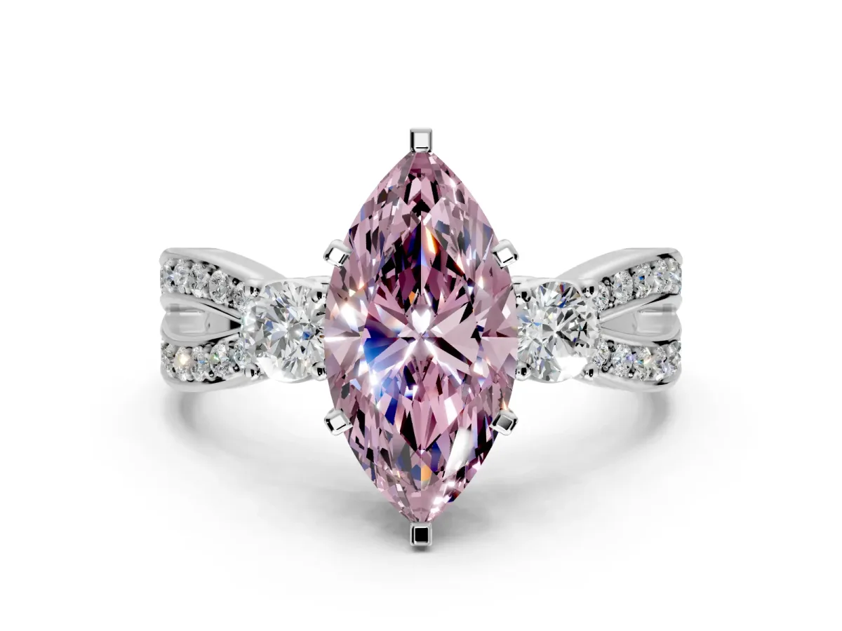 3 Stone Engagement Ring Setting for Fancy Pink Marquise Center with Pave Twist Band and Prong Head in Sterling Silver