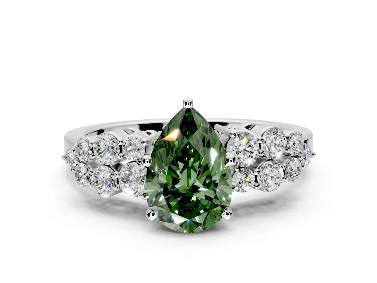 Cluster Engagement Ring Setting for Fancy Green Pear-Shaped Center with 2-Row Shoulder Clusters and Prong Head in Platinum