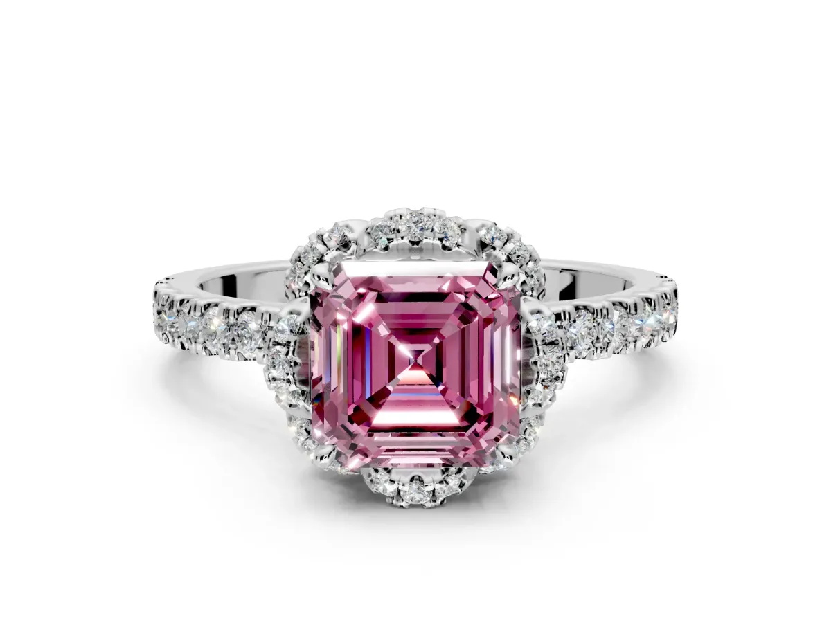 Floral Halo Engagement Ring Setting for Fancy Pink Asscher Cut Center with Pave Band and Prong Head in Platinum