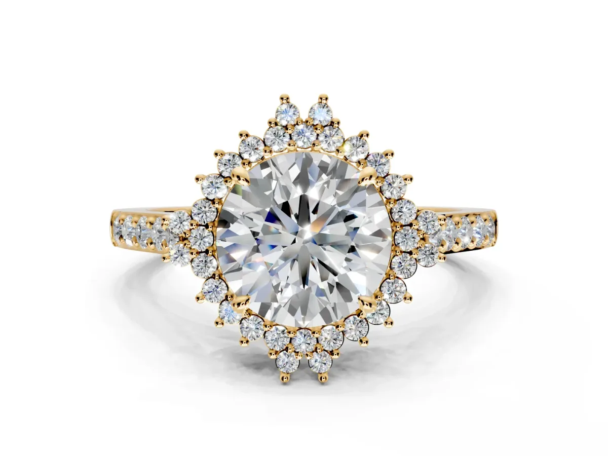 Sunburst Halo Engagement Ring Setting for Round Cut Center with Pave Band and Prong Head in Yellow Gold