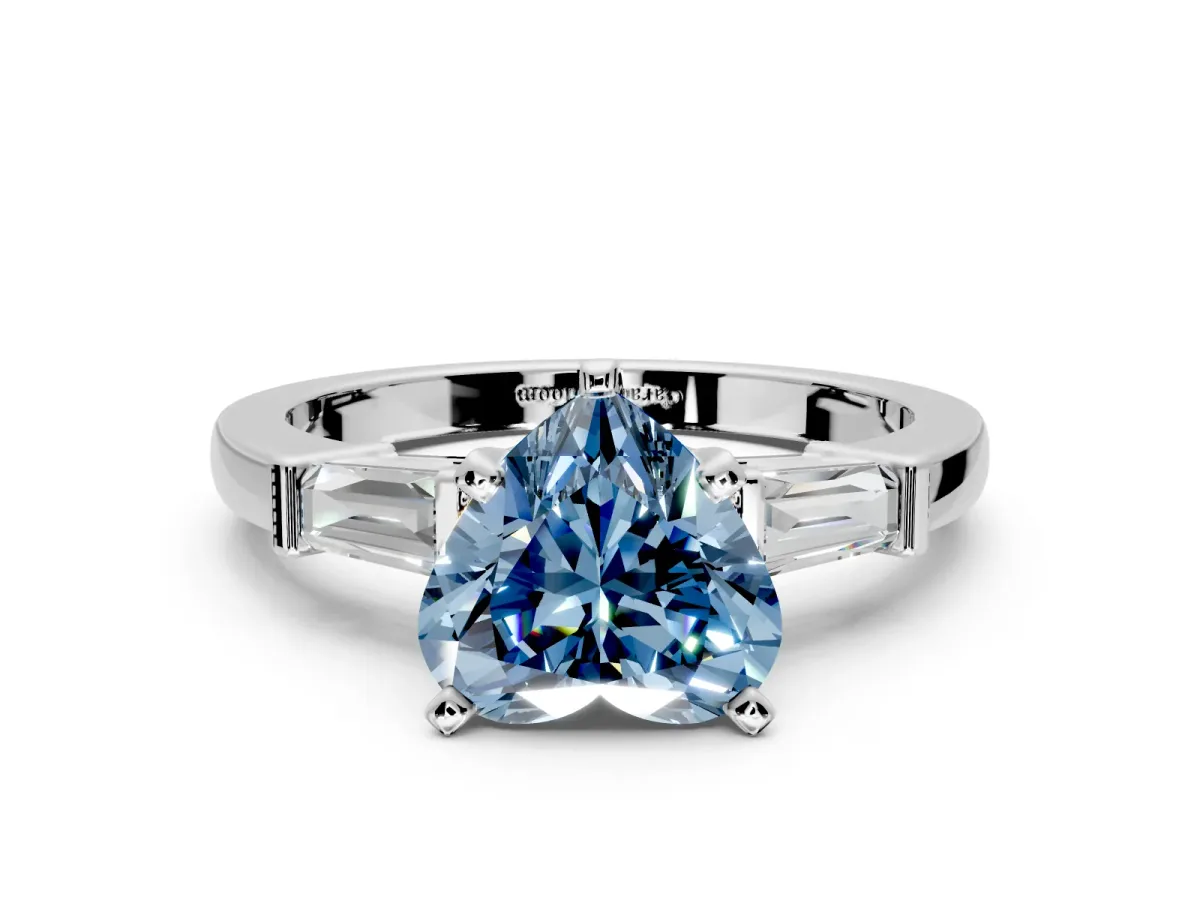 3 Stone Engagement Ring Setting for Fancy Blue Heart-Shaped Center with Channel Baguette Accents and Prong Head in Platinum