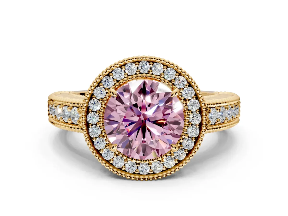 Milgrain Halo Engagement Ring Setting for Fancy Pink Round Cut Center with Pave Band and Prong Head in Yellow Gold