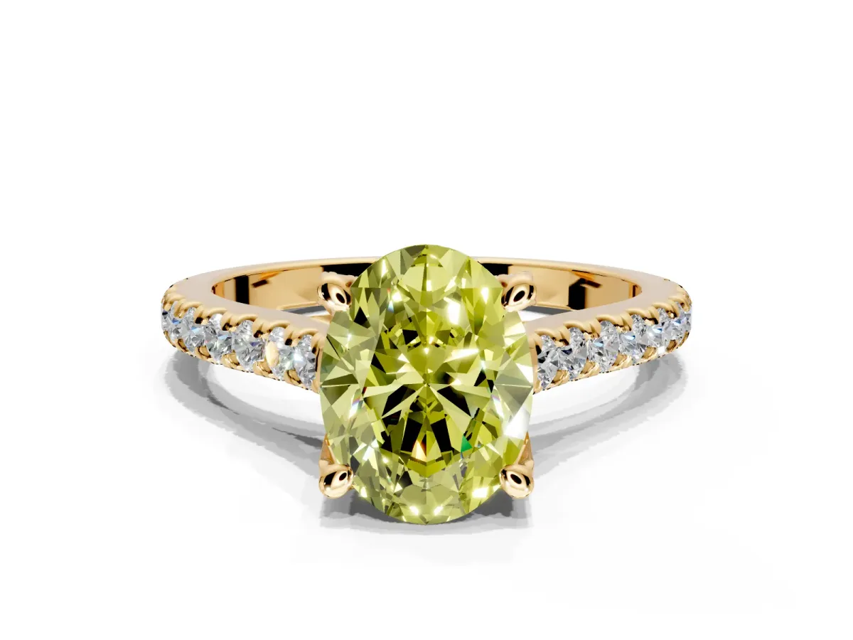 Solitaire Engagement Ring Setting for Fancy Yellow Oval Center with Widening Pave Band and Claw Prong Head in Yellow Gold