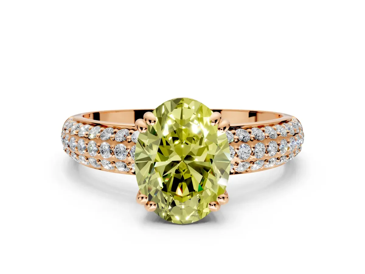 Solitaire Engagement Ring Setting for Fancy Yellow Oval Center with Multi-Row Pave Accents and Basket Head in Rose Gold
