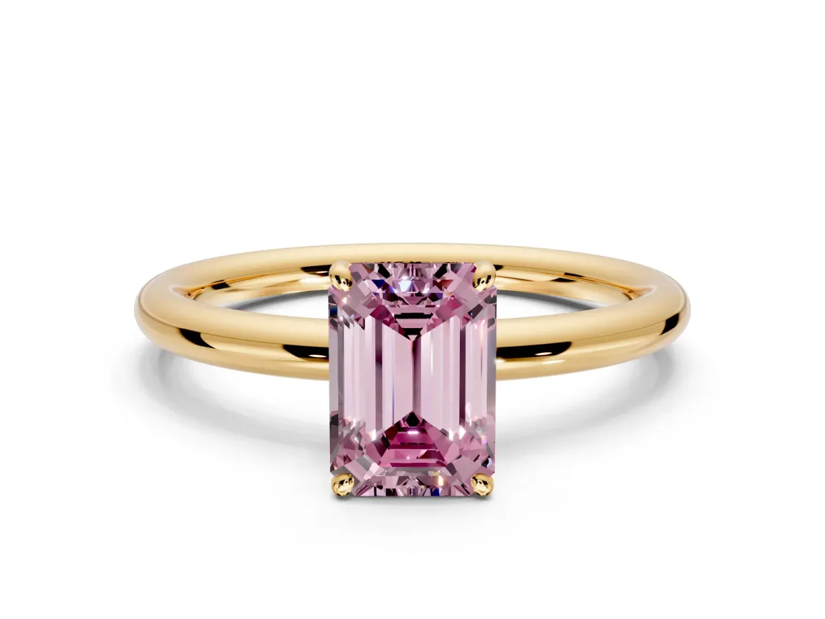 Low-Set Solitaire Engagement Ring Setting for Fancy Pink Emerald Cut Center with Thin Plain Band and Prong Head in Yellow Gold